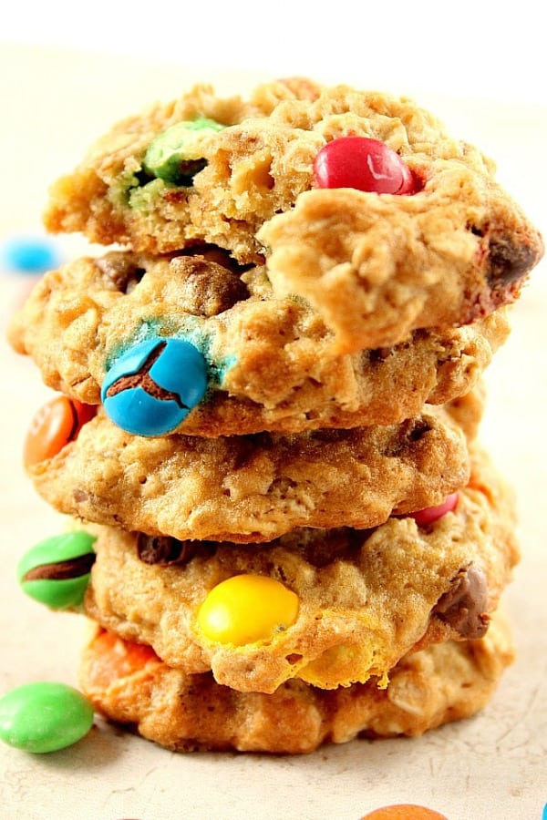 Oatmeal M&M Cookies stacked up.