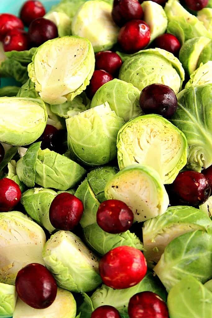 Bacon Roasted Brussels Sprouts with Cranberries Recipe - the BEST WAY to enjoy Brussels sprouts! Bacon roasting in the oven with fresh cranberries makes them quite irresistible. 