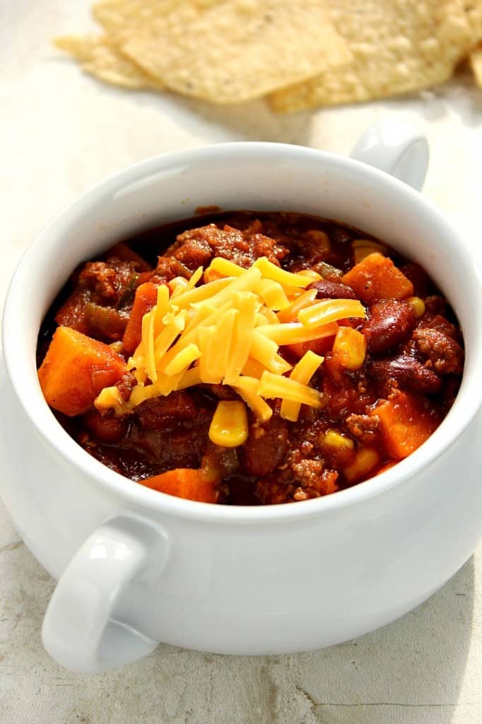 Southwestern Crock-Pot® Chili with Sweet Potatoes Recipe - a classic comfort food dish taken to a new level! Southwestern flavors and sweet potatoes make this chili a must-try. 