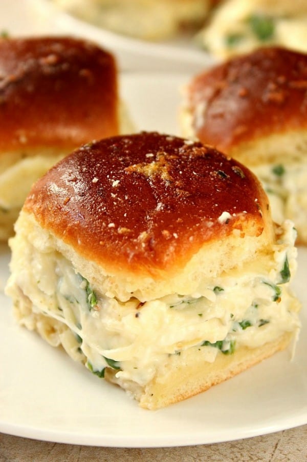 Spinach Dip Sliders on a plate.