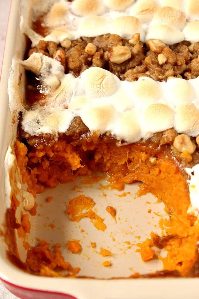 Sweet Potato Casserole with Praline Marshmallow Topping Recipe - a Thanksgiving dinner classic with two delicious toppings! 