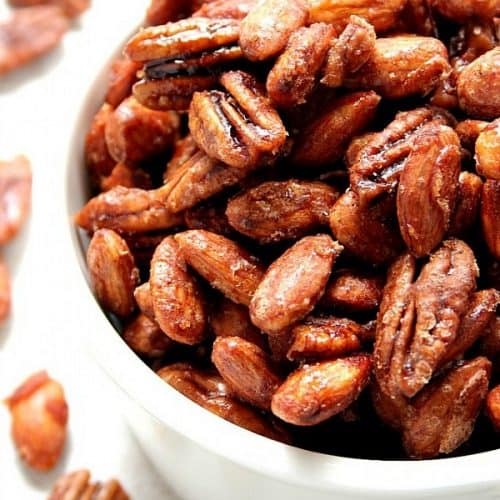 Crockpot Candied Spiced Nuts in a bowl.