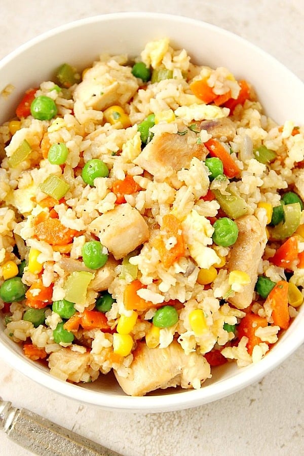 Overhead shot of fried rice in white bowl.