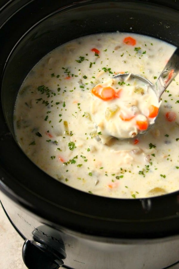 Slow Cooker Chicken Wild Rice Soup in a round crockpot. 