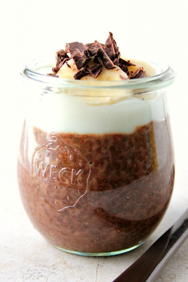 Chocolate Peanut Butter Chia Pudding in a jar.