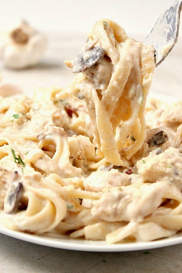 Mushroom Chicken Alfredo on a plate.