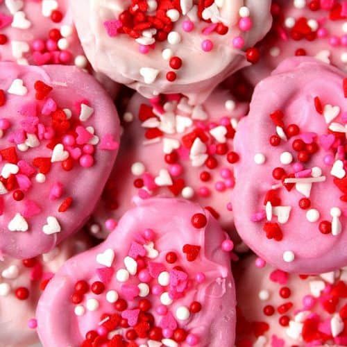 Pile of Pink Chocolate Pretzel Hearts.