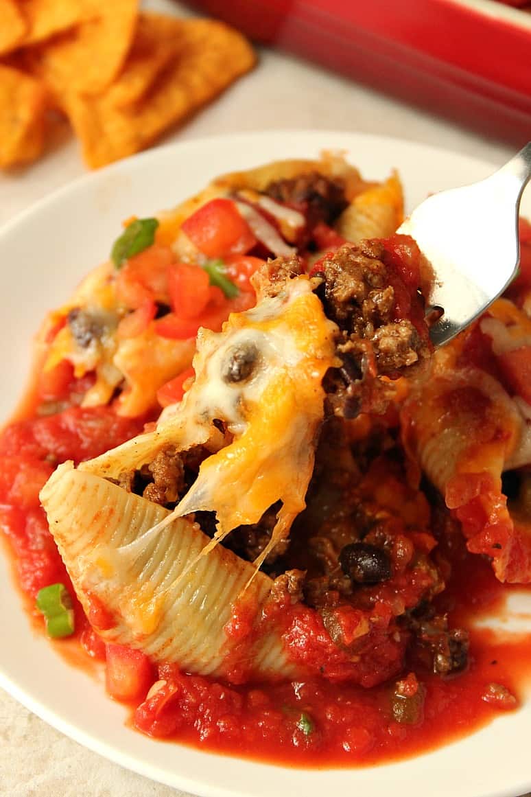 pasta shells with taco meat close up