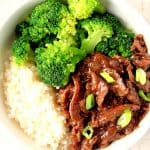 Mongolian Beef Rice Bowl with broccoli in white bowl.