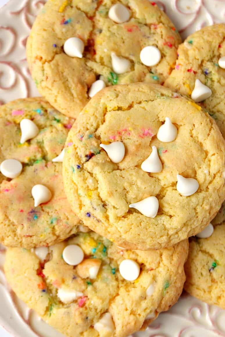 Overhead shot of cake mix cookies arranged on plate.