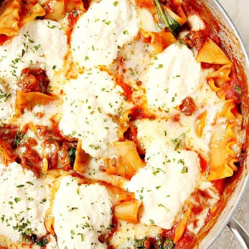 Overhead shot of lasagna in skillet.