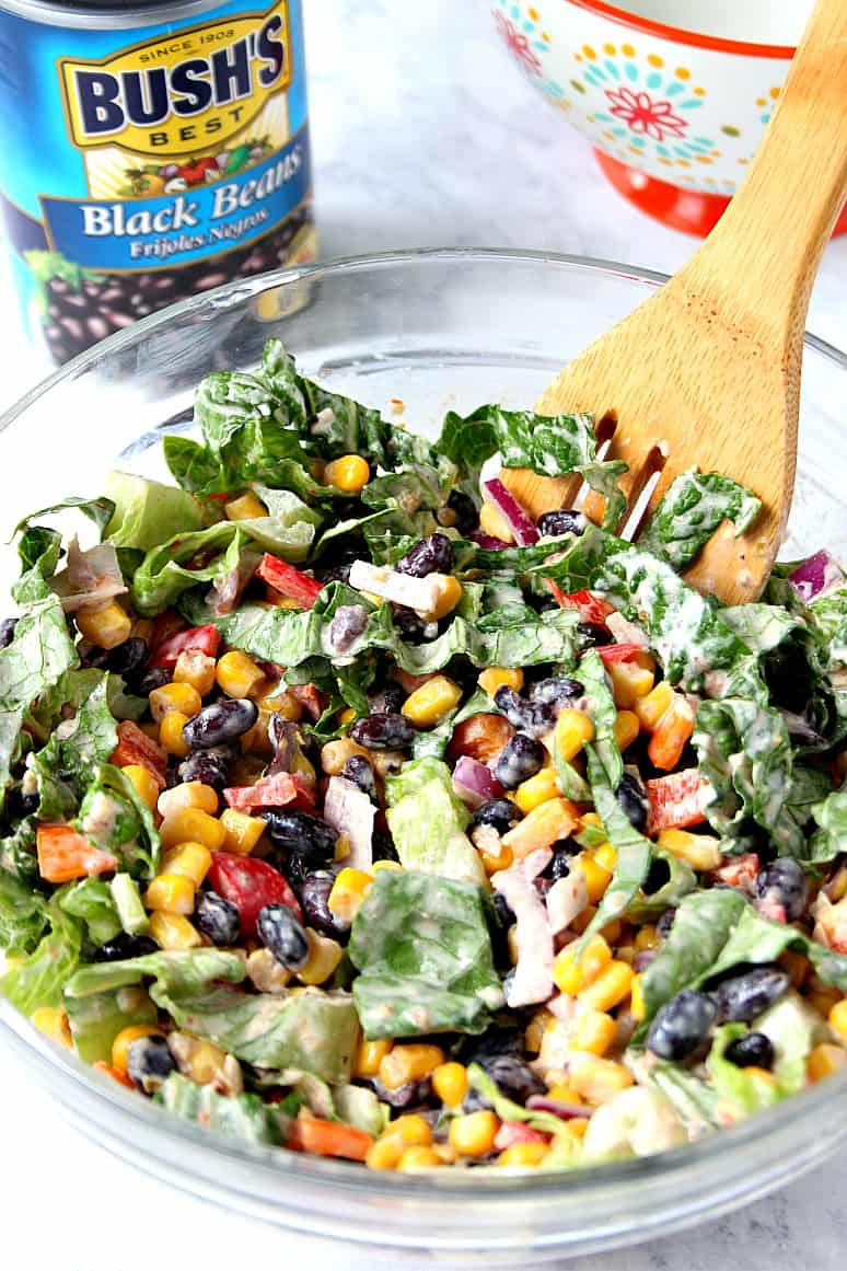 Black Bean Taco Salad Recipe - lighter version of the classic taco salad. Packed with vegetables and black beans in place of chicken for protein. The dressing is simply irresistible!