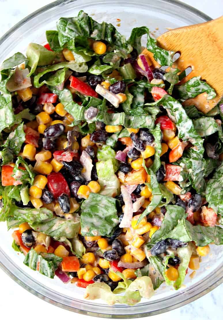 Black Bean Taco Salad Recipe - lighter version of the classic taco salad. Packed with vegetables and black beans in place of chicken for protein. The dressing is simply irresistible!