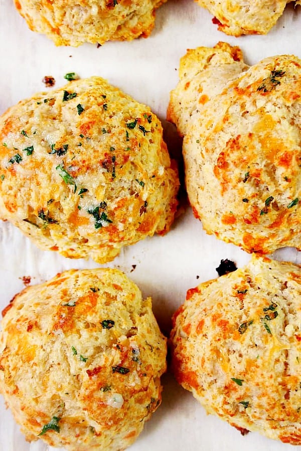 Cheddar Bay Biscuits on a baking sheet.