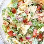 BLT Pasta Salad in large glass bowl.