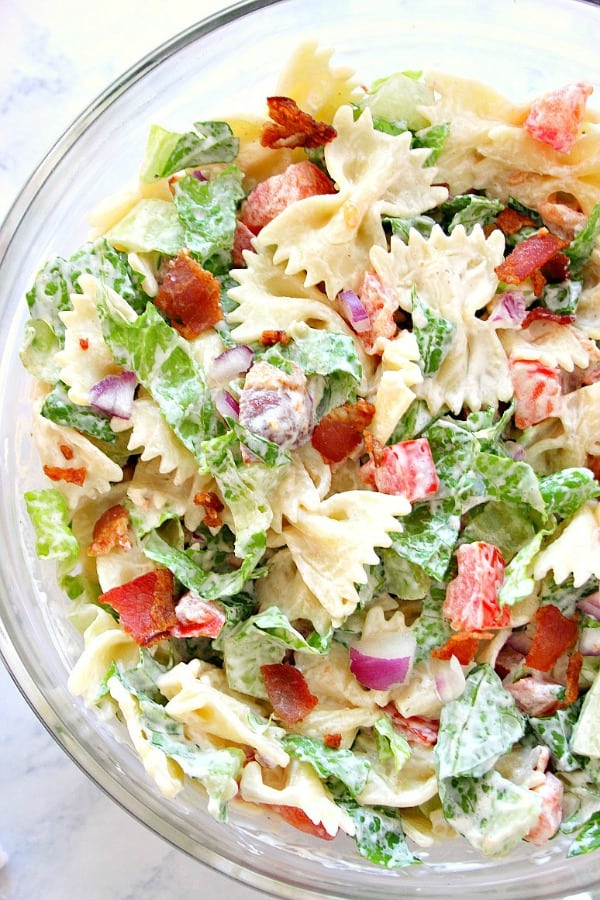 BLT Pasta Salad in large glass bowl.