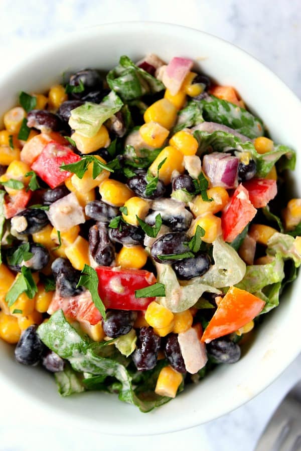 Black Bean Taco Salad in white bowl.