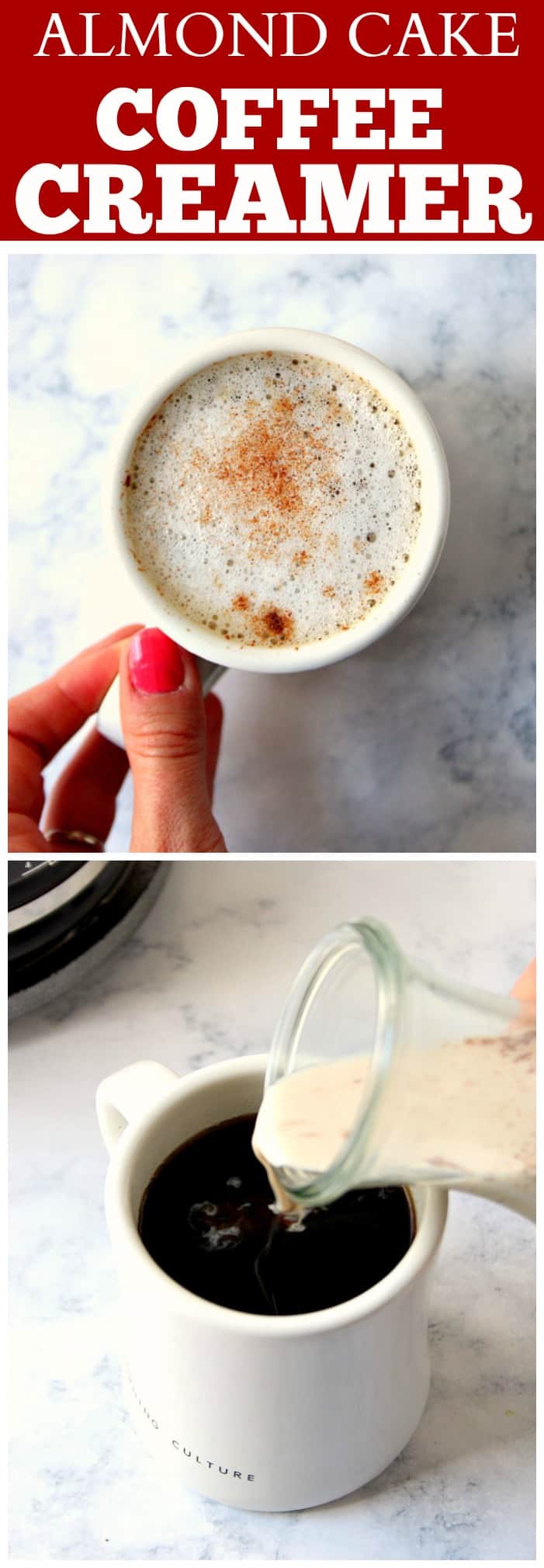 Almond Cake Coffee Creamer Recipe - sweeten up your coffee with this quick and easy creamer that tastes like almond coffee cake. Enjoy in hot or iced drinks!