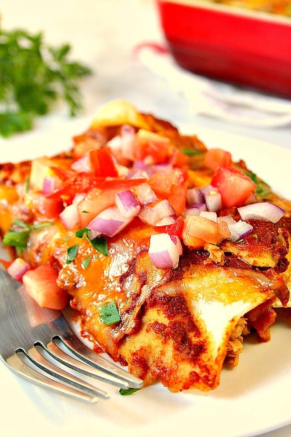 Two chicken enchiladas on white plate, pico de gallo on top.