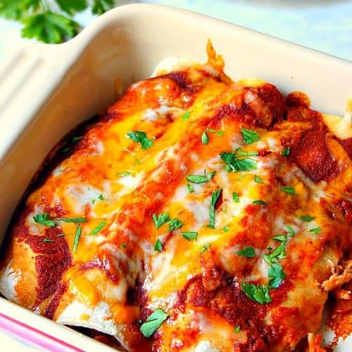 Enchiladas in baking dish.