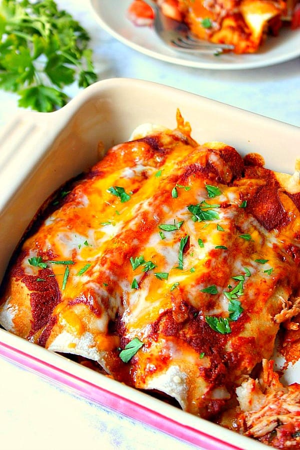 Enchiladas with melted cheese in baking dish.