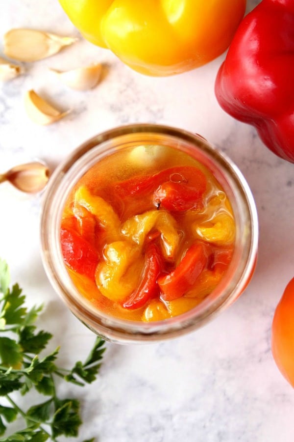 Marinated Roasted Peppers recipe Marinated roasted red peppers in a jar.