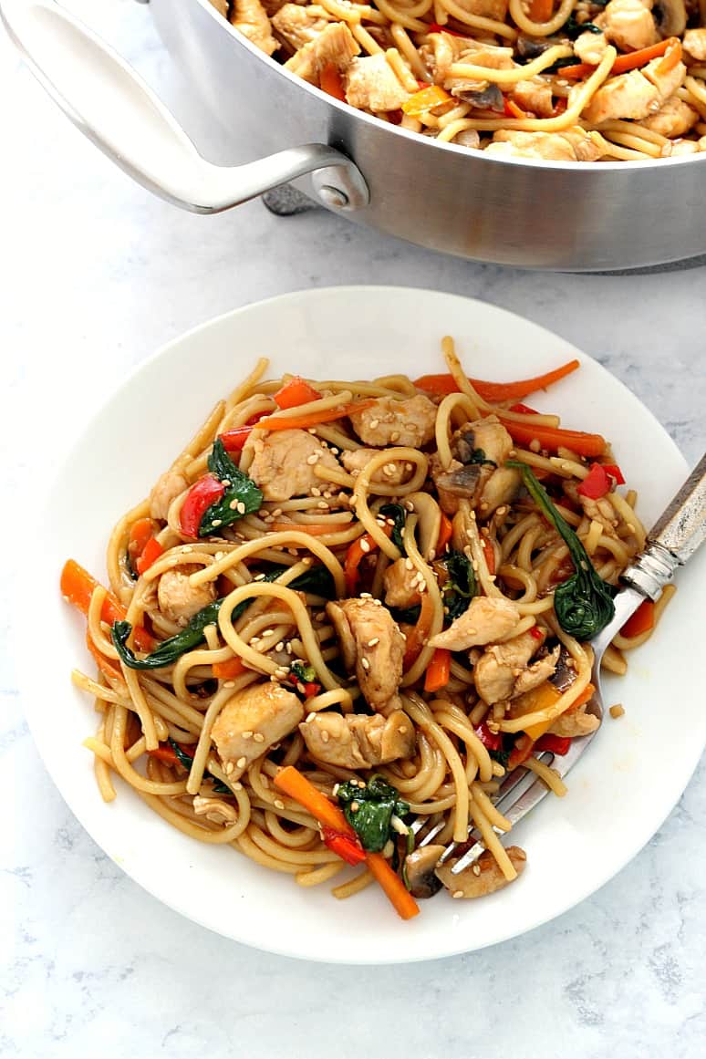 Overhead shot of chicken lo mein on white plate with more dish in the pan on the side.