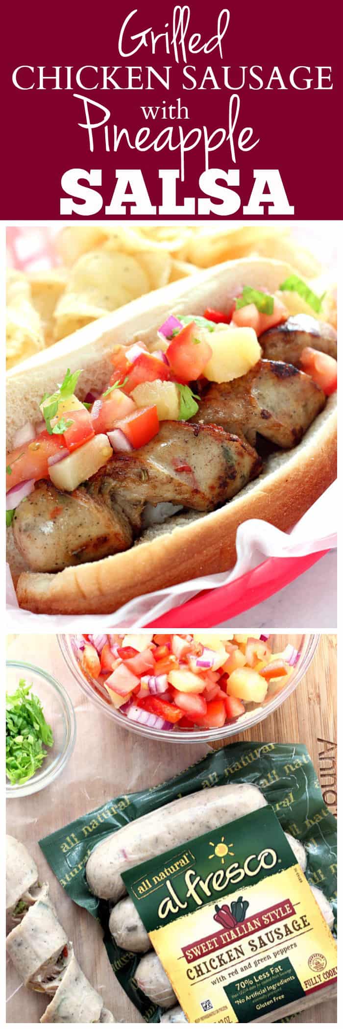 Grilled Chicken Sausage with Pineapple Salsa Recipe - spiral cut grilled sausage is paired with fresh, sweet and savory topping of pineapple, tomatoes, red onion and bell pepper. Perfect Summer picnic food!