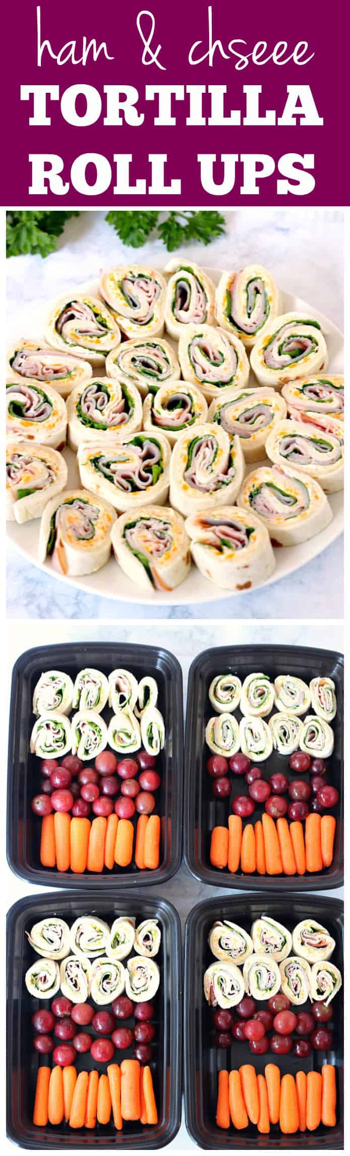 Ham and Cheese Tortilla Roll Ups Recipe - quick and easy lunch idea or snack for road trips! Creamy cheddar filling, layered with spinach and ham slices, paired with fruit and vegetables is great made ahead as well.