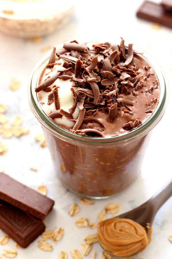 Chocolate Peanut Butter Overnight Oats in a jar.