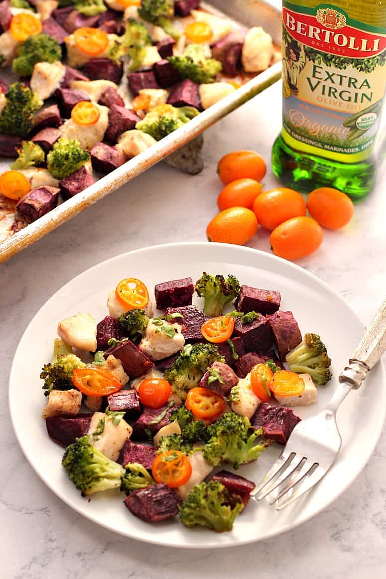 Sheet Pan Chicken with Kumquats and Purple Potatoes - bright, colorful and fresh dinner idea. Purple potatoes, broccoli and kumquats make for a bursting mix of flavors!