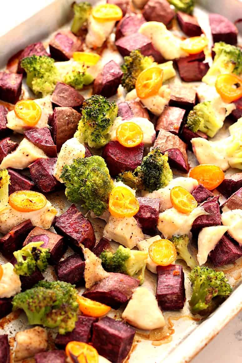 Sheet Pan Chicken with Kumquats and Purple Potatoes - bright, colorful and fresh dinner idea. Purple potatoes, broccoli and kumquats make for a bursting mix of flavors! Sheet Pan Chicken with Kumquats and Purple Potatoes - bright, colorful and fresh dinner idea. Purple potatoes, broccoli and kumquats make for a bursting mix of flavors!