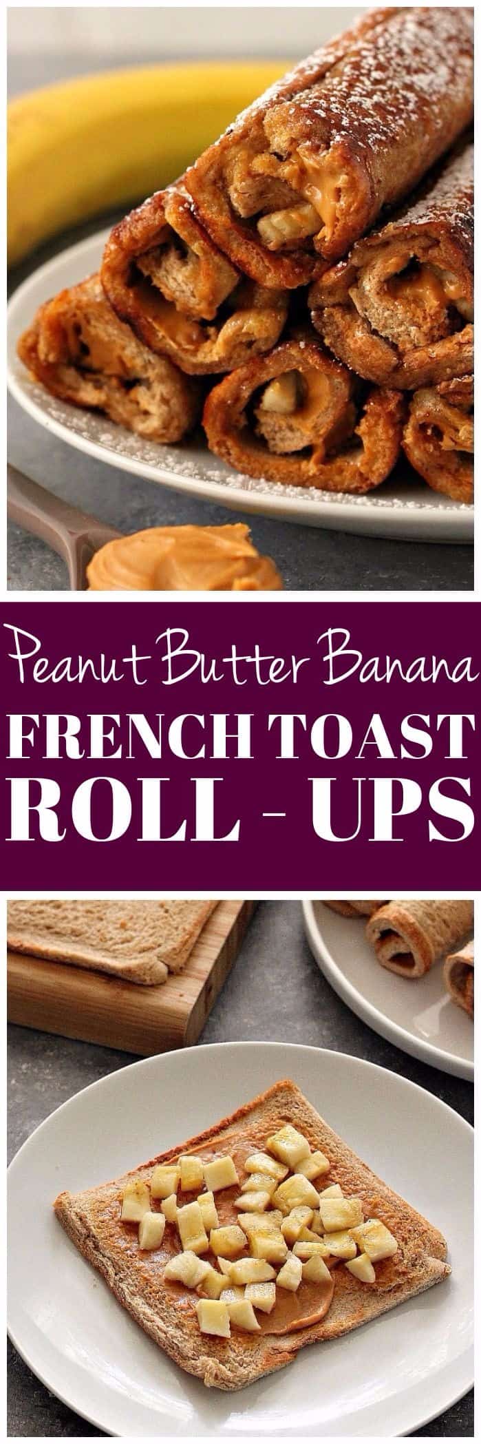 Peanut Butter Banana French Toast Roll Ups Recipe - whole wheat bread slices filled with peanut butter and bananas and fried French toast style. Dust with powdered sugar and enjoy!