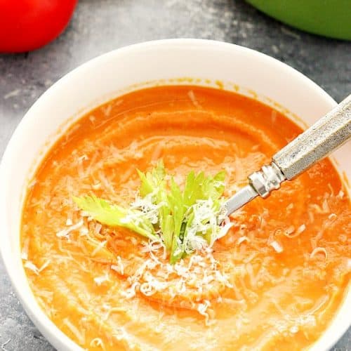 Roasted Tomato Soup in white bowl.