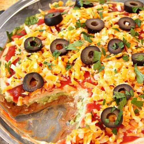 Mexican Layered Dip in a dish.
