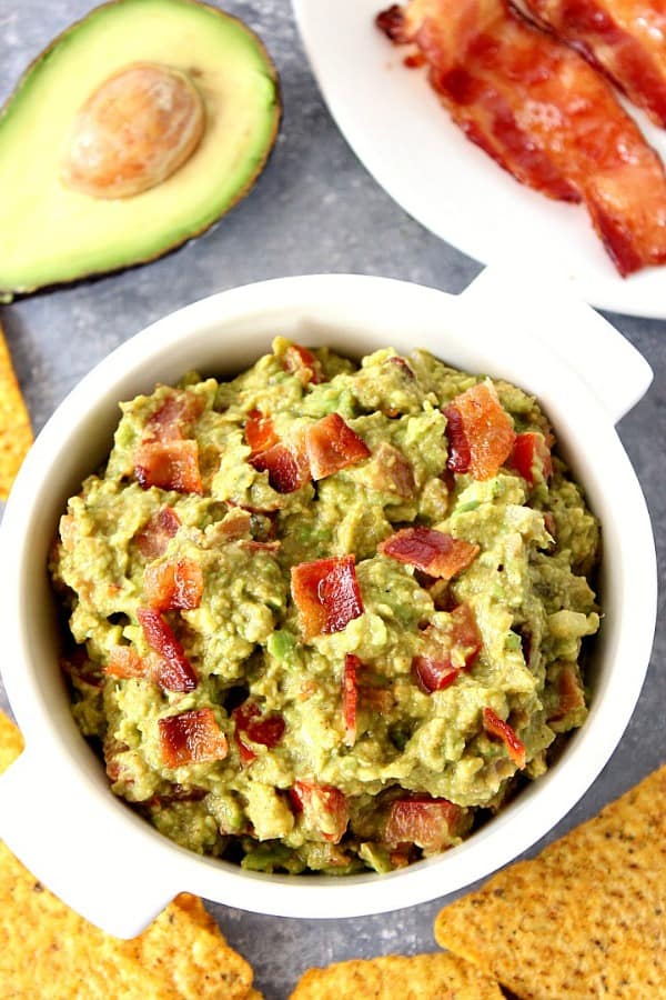 Bacon guacamole in white serving bowl.