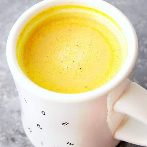 Golden Milk Latte in white mug.