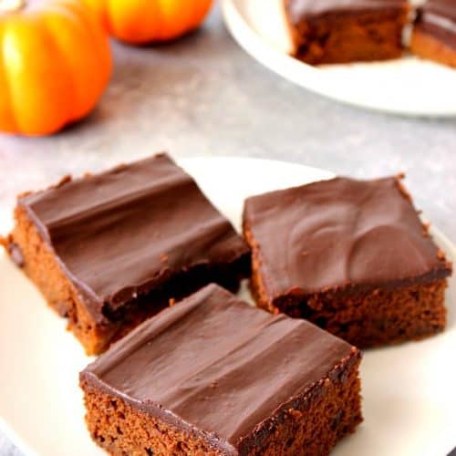 Chocolate Pumpkin Cake pieces on a white plate.