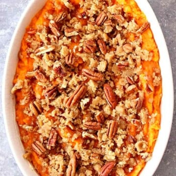 Sweet Potato Casserole in a white dish.
