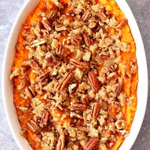 Sweet Potato Casserole in a white dish.