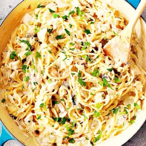 Tukey Tetrazzini in cast iron pan.