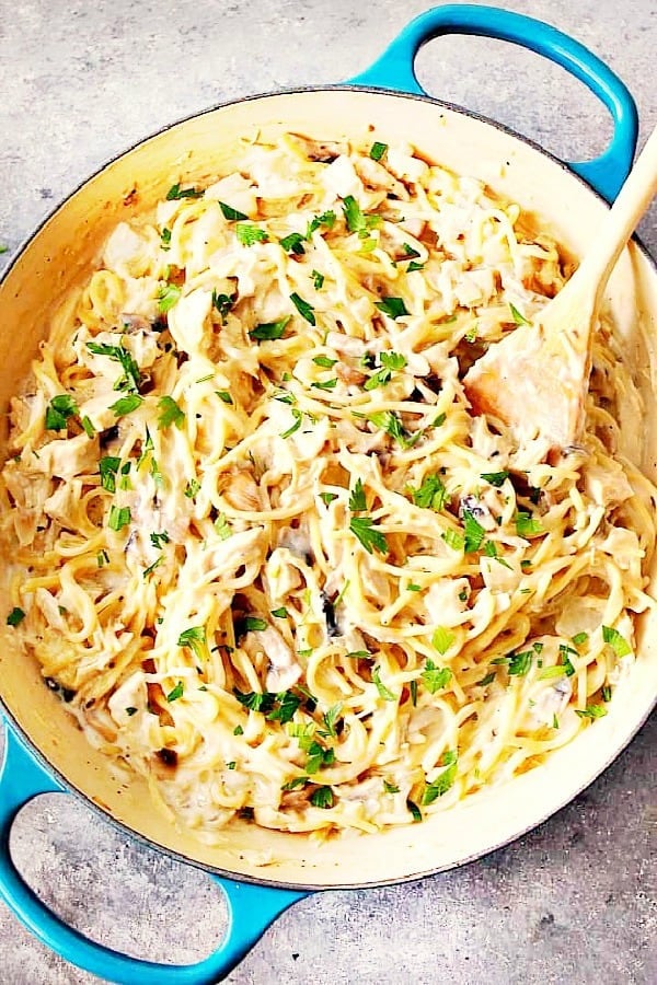 Tukey Tetrazzini in cast iron pan.