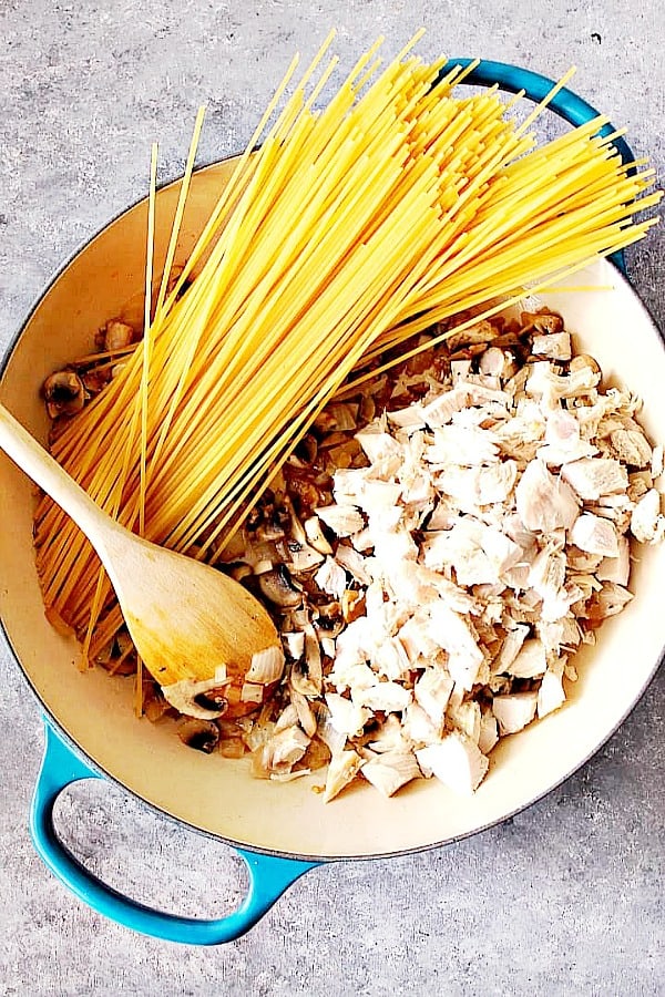 Ingredients for One Pot Turkey Tetrazzini in a skillet.