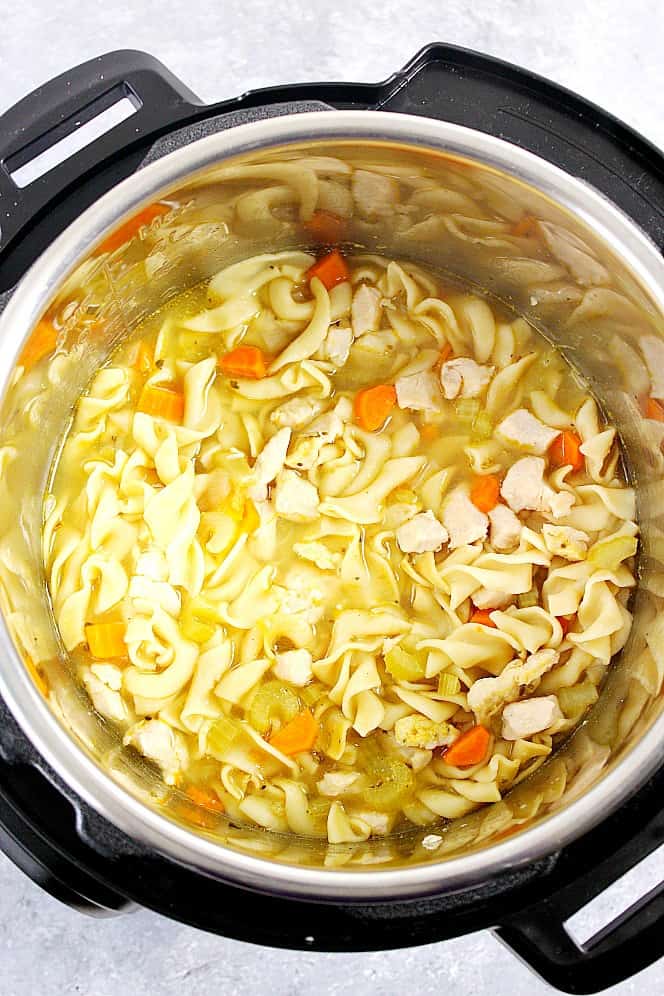 Overhead shot of Instant Pot Chicken Noodle Soup.