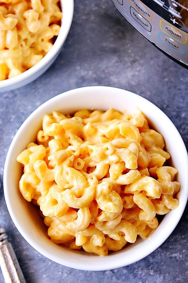 Overhead shot of mac and cheese in white bowl.