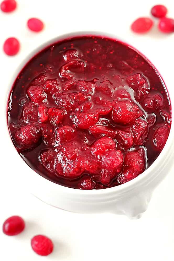 Cranberry sauce in white dish.