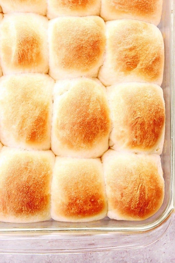 Homemade Dinner Rolls baked in glass pan.