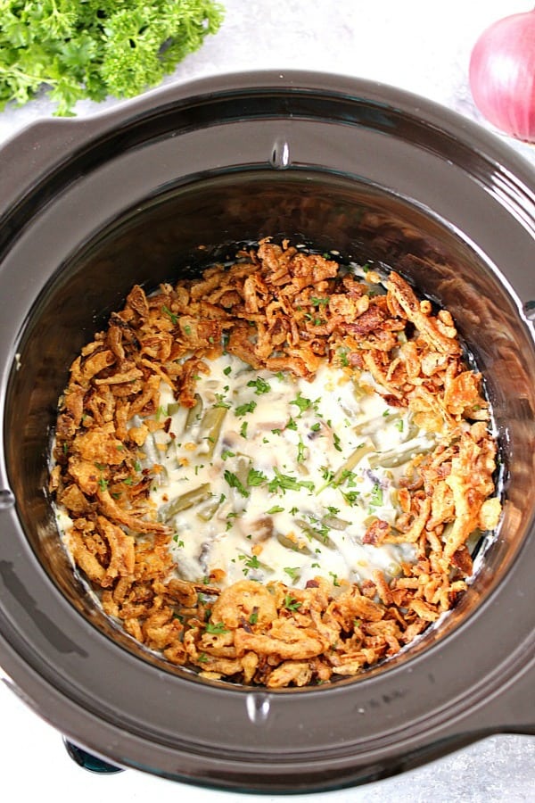 Slow Cooker Green Bean Casserole Recipe - save time and make the classic Thanksgiving side dish in your crock pot! No canned ingredients needed! Green Bean Casserole in a slow cooker.