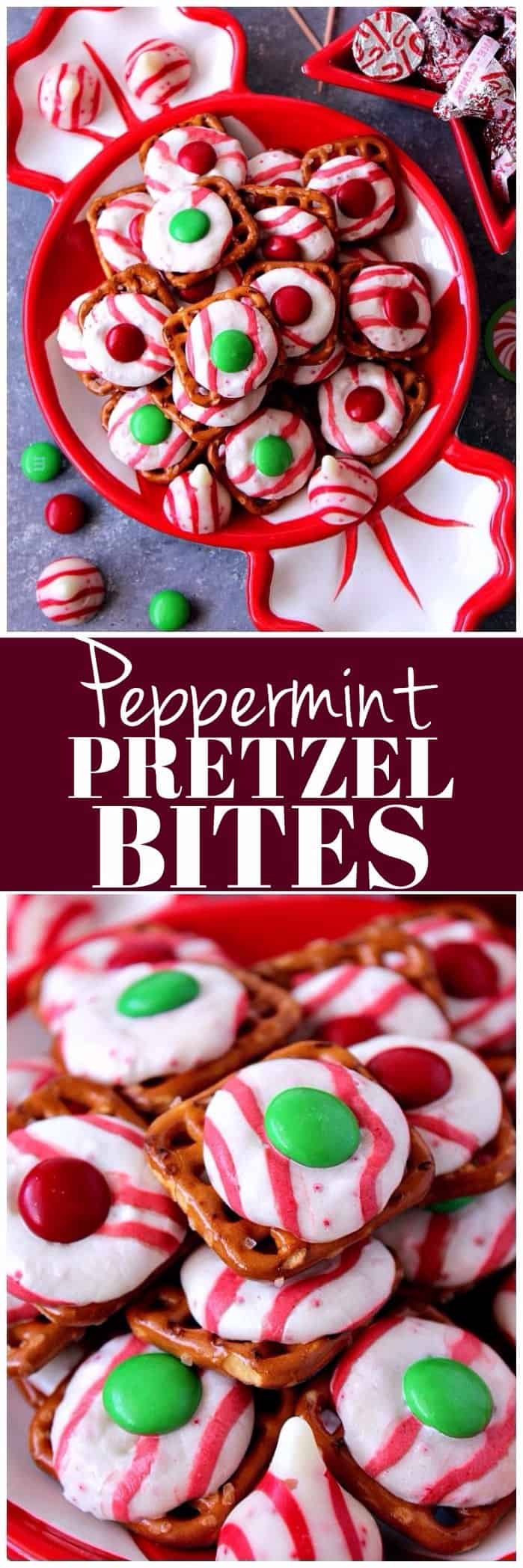 Peppermint Pretzel Candy recipe - crunchy pretzels topped with peppermint Kisses candy and M&M's makes for a festive holiday treat that is fun to make and eat!