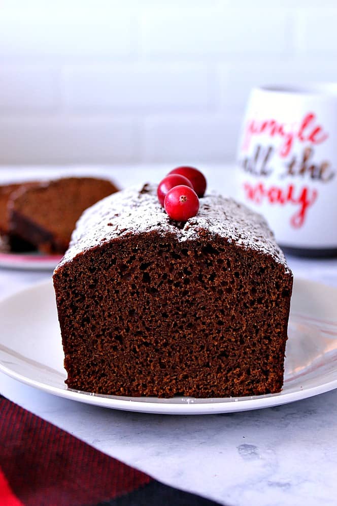 Close up side shot of inside of gingerbread cake with powdered sugar and fresh cranberries. 